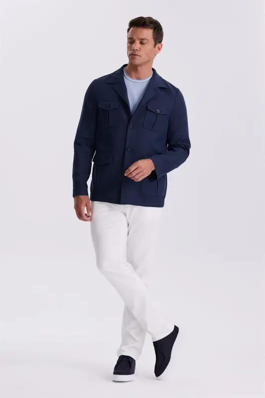 Lacivert Slim Fit Cepli Keten Pamuk Mevsimlik Safari Ceket - JAKAMEN