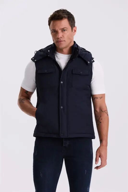 Lacivert Comfort Fit Cepli Kapüşonlu Rahat Kesim Safari Yelek - JAKAMEN