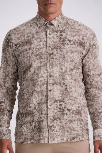 Kahve Desenli Düğmeli Yaka Comfort Fit Gömlek - 3