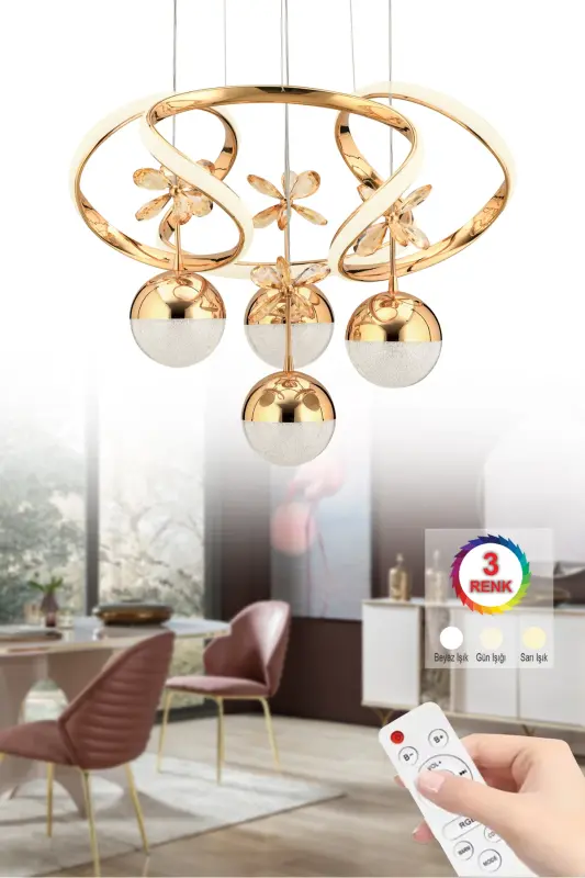 Ramen Kumandalı Gold Sarkıt 3 Renk Led Modern Ledli Avize - Sarı001 - 9