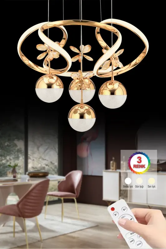 Ramen Kumandalı Gold Sarkıt 3 Renk Led Modern Ledli Avize - Sarı001 - 10