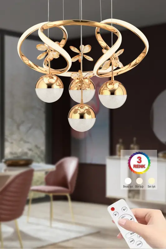 Ramen Kumandalı Gold Sarkıt 3 Renk Led Modern Ledli Avize - Sarı001 - 1