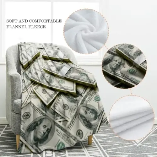 Jekeno Money Throw Blanket Gifts for Women Men, 100 Dollar Bills Decorations, Money Print Throw Blanket Couch Bed Sofa Travelling for Adult Kids - 2