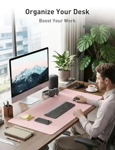 Aothia Faux Leather Desk Mat - Non-Slip PU Leather Desk Blotter, Waterproof Writing Surface, Large Desk Pad for Office & Home (Fairy Pink, 55
