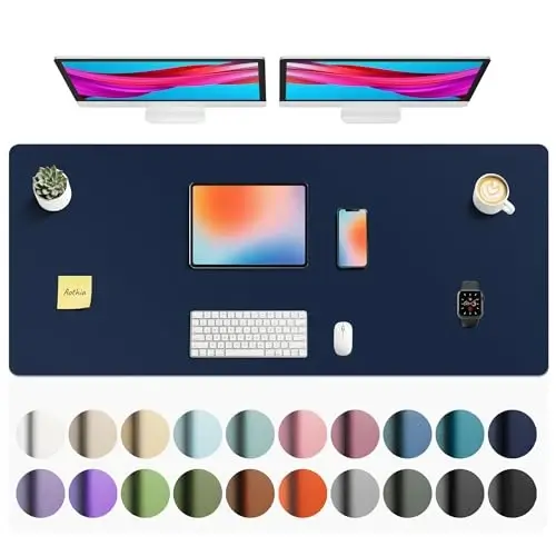 Aothia Faux Leather Desk Mat - Non-Slip PU Leather Desk Blotter, Waterproof Writing Surface, Large Desk Pad for Office & Home (Dark Blue, 55