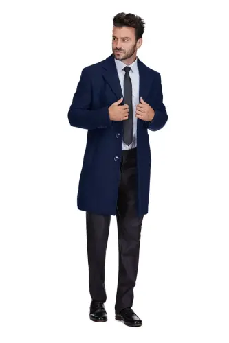 Men's Tailored Wool Blend Notch Collar Wool Blend Walker Car Coat - Navy 