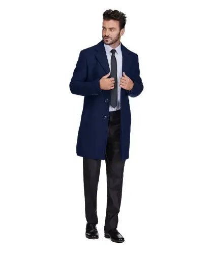 Men's Tailored Wool Blend Notch Collar Wool Blend Walker Car Coat - Navy - 4