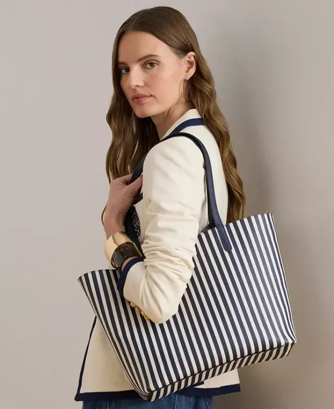 Faux-Leather Large Reversible Tote Bag - Navy/Stripe - 11