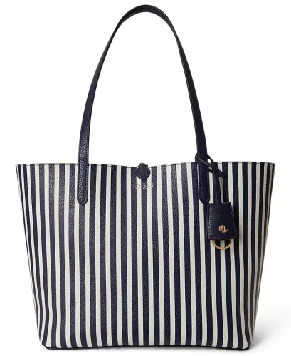 Faux-Leather Large Reversible Tote Bag - Navy/Stripe - 13
