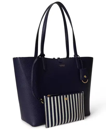 Faux-Leather Large Reversible Tote Bag - Navy/Stripe 