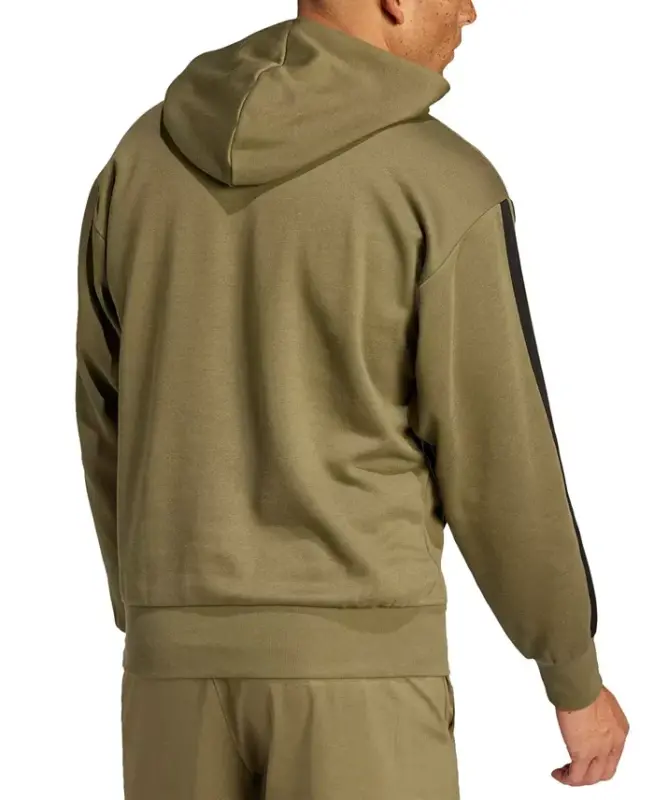 Men's Essential Three-Stripes Fleece Hoodie - Olive Strata/Black - 2