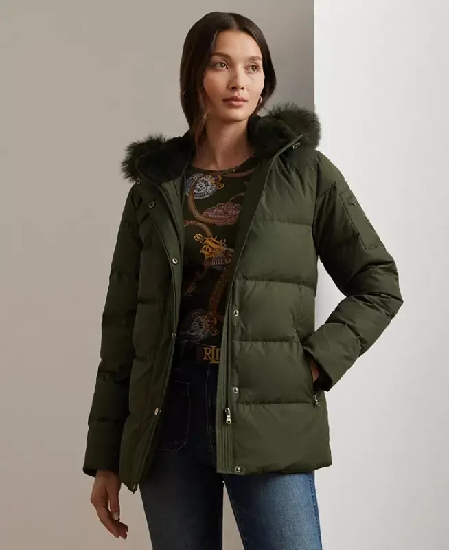 Women's Faux-Fur Hooded Puffer Coat - Litchfield Loden - 6