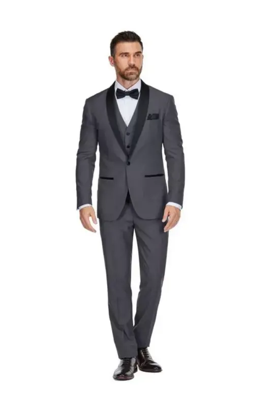 Men's 3-Piece Slim Fit Shawl Lapel Tuxedo - Charcoal - GINO VITALE