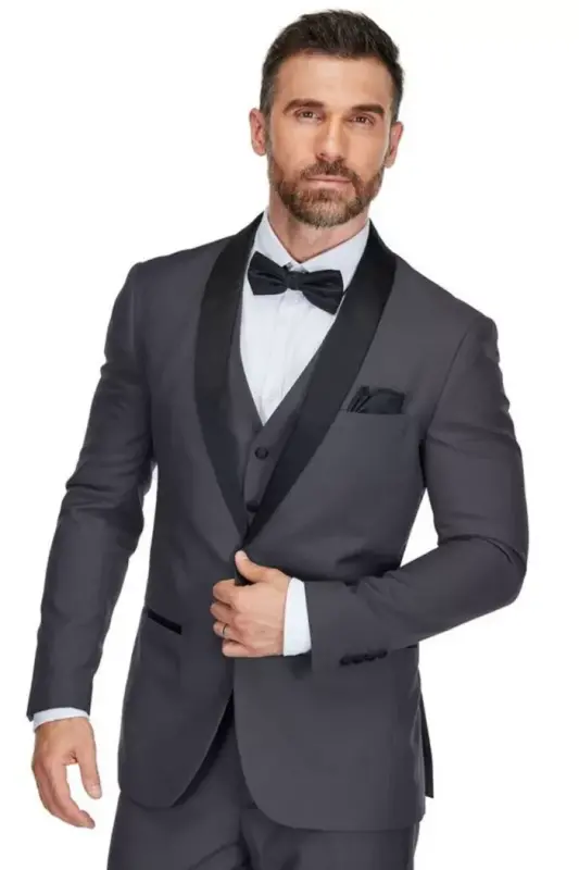Men's 3-Piece Slim Fit Shawl Lapel Tuxedo - Charcoal - 2