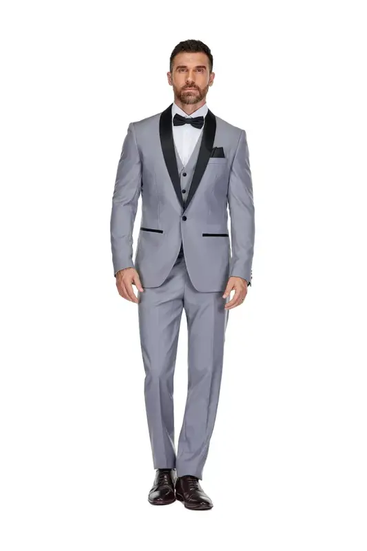 Men's 3-Piece Slim Fit Shawl Lapel Tuxedo - Grey - 1
