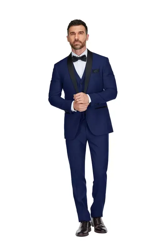 Men's 3-Piece Slim Fit Shawl Lapel Tuxedo - Indigo - 1