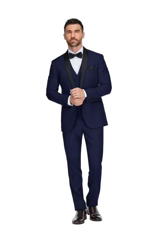 Men's 3-Piece Slim Fit Shawl Lapel Tuxedo - Navy - 5