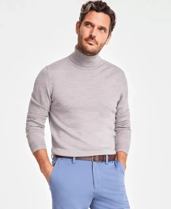 Men's Merino Wool Blend Turtleneck Sweater, Created for Modazone - Light Gray Heather - 1