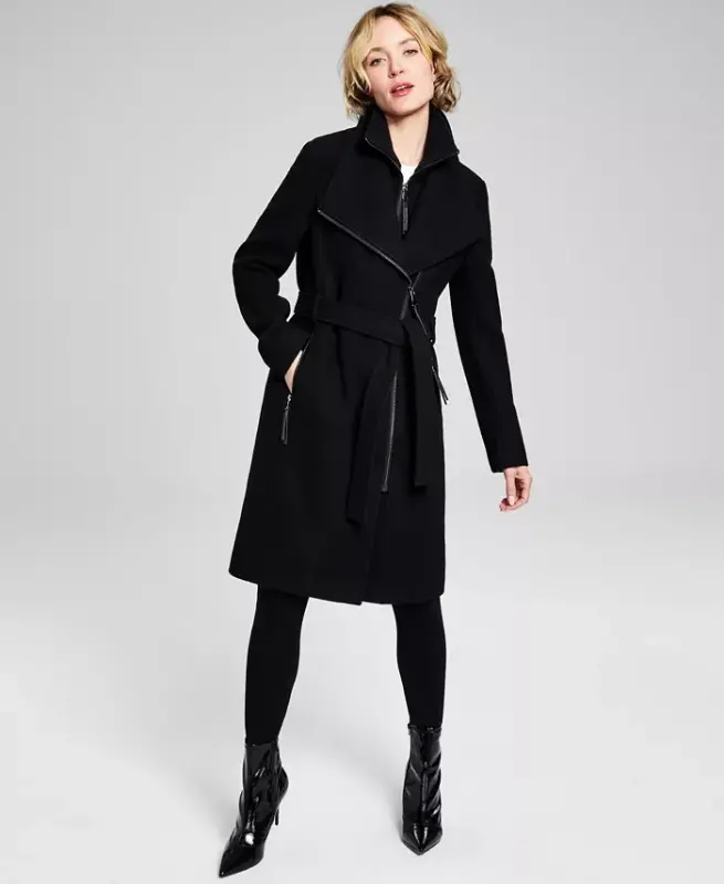 Womens Wool Blend Belted Wrap Coat, Created for Modazone - Black Twill - 1