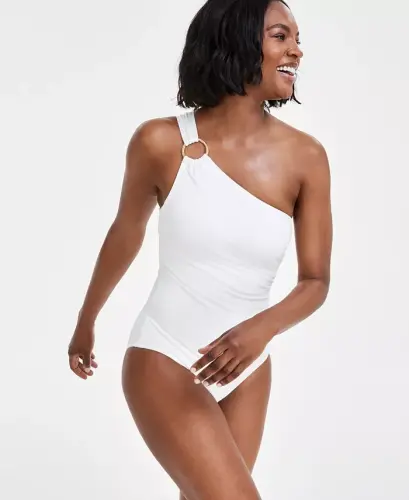 Women's Embellished One-Shoulder Underwire One-Piece Swimsuit - White - 5