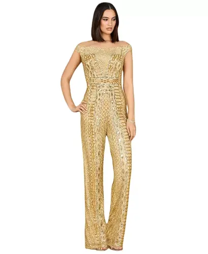 Women's Beaded Off Shoulder Jumpsuit - Gold 