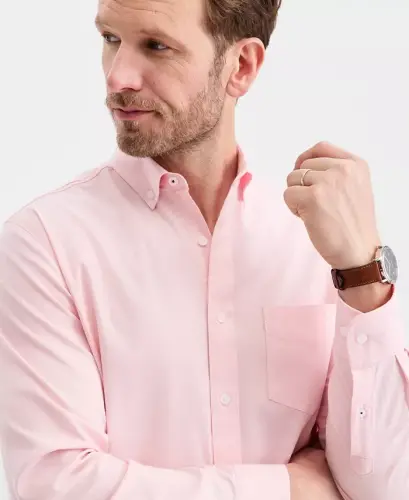 Men's Solid Stretch Oxford Cotton Shirt, Created for Modazone - Solid Oxford - Pink Streak - 4