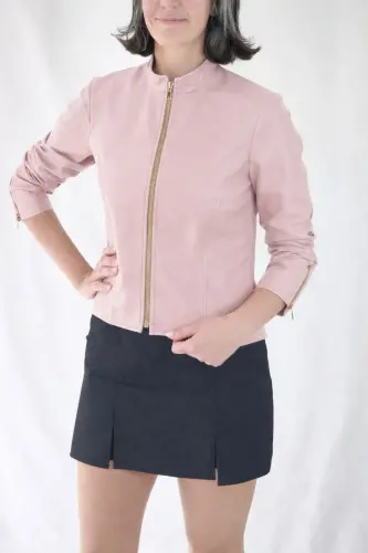 REGULAR FİT KISA TOZ PEMBE DERİ CEKET - TozPembe - 4