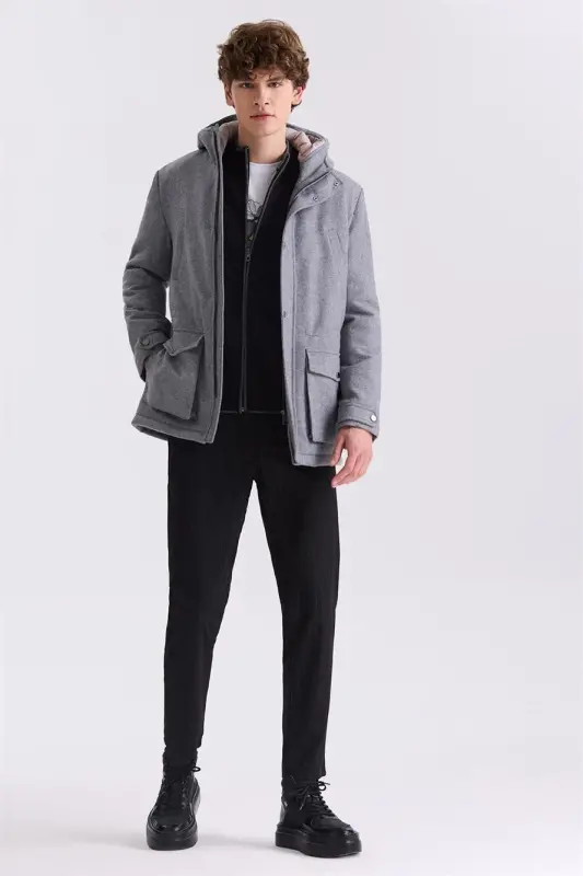 Grı Comfort Fit Kapüşonlu Yünlü Mont - 2