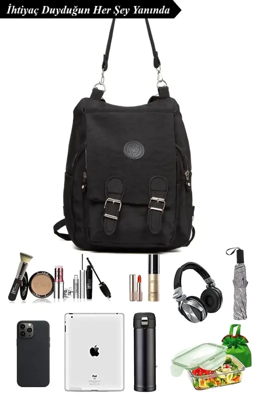 Kadın Siyah Renk Kipling Kumaş Kadın Omuz Ve Sırt Çantası Ve Cüzdan Set - Siyah Set - 8