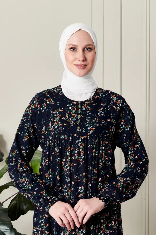 Büzgü Robadan Önü Düğmeli Viskon Kumaş Tessetür Giyim Anne Elbisesi Namaz Elbisesi - dal ve çiçek desenli lacivert - 6