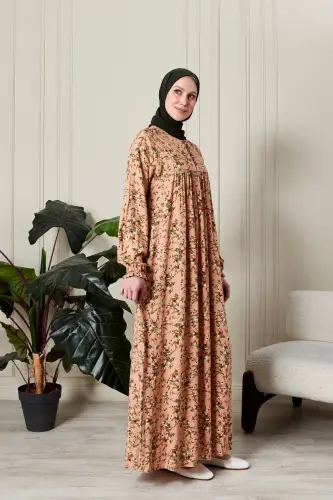 Büzgü Robadan Önü Düğmeli Viskon Kumaş Tessetür Giyim Anne Elbisesi Namaz Elbisesi - dal ve çiçek desen yavru - 5