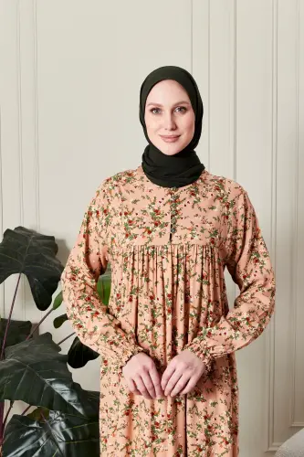 Büzgü Robadan Önü Düğmeli Viskon Kumaş Tessetür Giyim Anne Elbisesi Namaz Elbisesi - dal ve çiçek desen yavru - 6