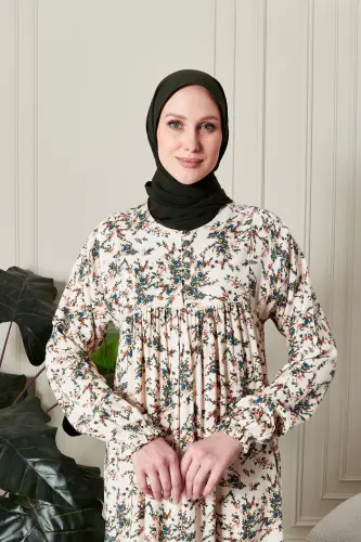 Büzgü Robadan Önü Düğmeli Viskon Kumaş Tessetür Giyim Anne Elbisesi Namaz Elbisesi - dal ve çiçek desenli Beyaz - 14