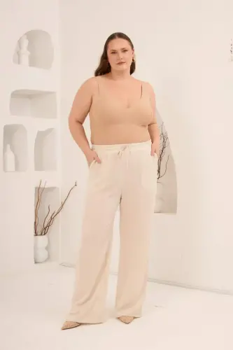 Beli Lastikli Bol Paça Büyük Beden Kadın Keten Pantolon Bej - 3
