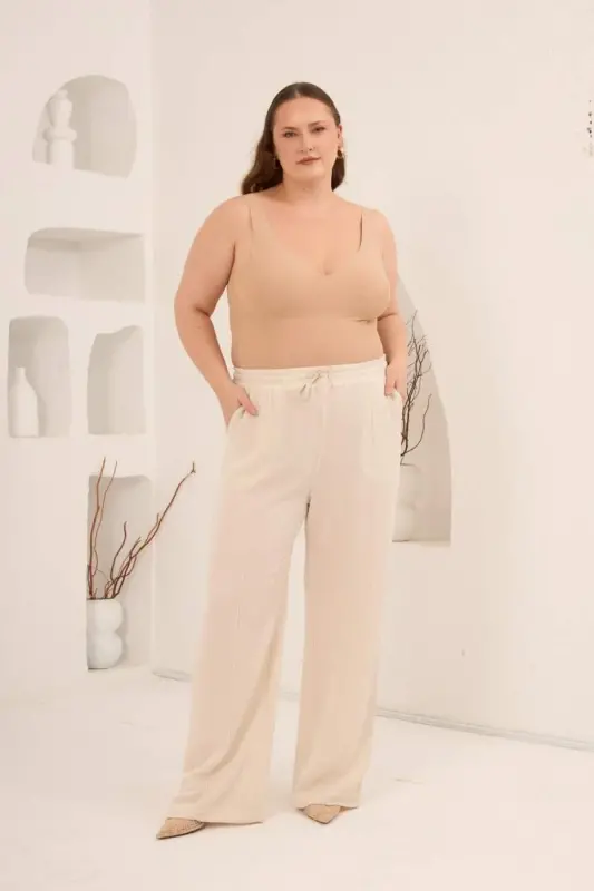 Beli Lastikli Bol Paça Büyük Beden Kadın Keten Pantolon Bej - 3