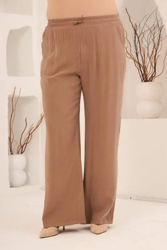 Bel Bağcık Detaylı Beli Lastikli Kadın Büyük Beden Pantolon Camel - BÜYÜKBEDENIZ