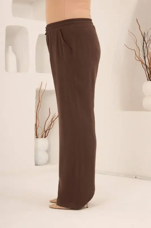 Bel Bağcık Detaylı Beli Lastikli Kadın Büyük Beden Pantolon Kahve - 3