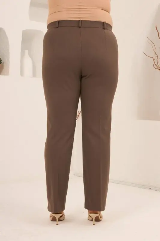Beli Lastikli Büyük Beden Gabardin Geniş Paça Pantolon Vizon - 4