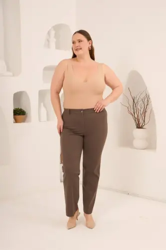 Beli Lastikli Büyük Beden Gabardin Geniş Paça Pantolon Vizon - 5