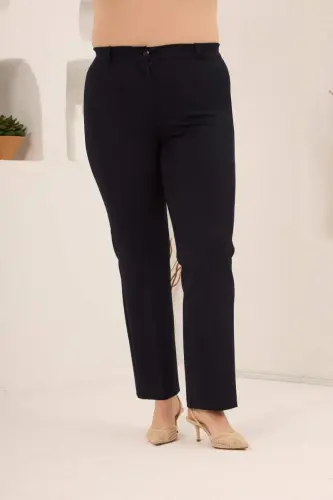 Beli Lastikli Büyük Beden Gabardin Geniş Paça Pantolon Lacivert - 3