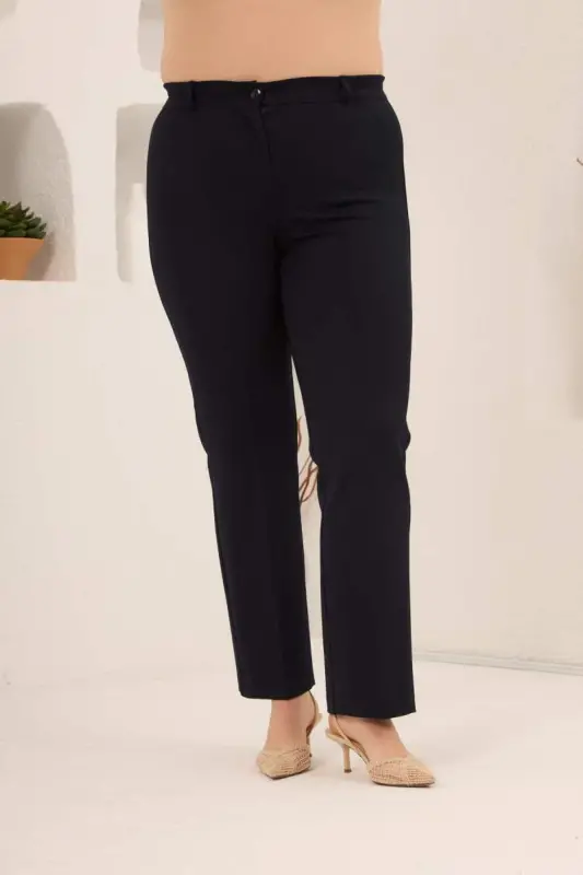 Beli Lastikli Büyük Beden Gabardin Geniş Paça Pantolon Lacivert - 3