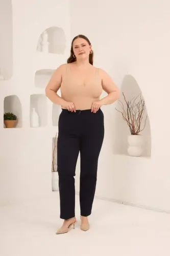 Beli Lastikli Büyük Beden Gabardin Geniş Paça Pantolon Lacivert - 5