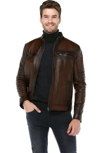 Arthur Erkek Dik Yaka Slim Fit Gerçek Deri Mont Camel Antik - CAMEL ANTİK - 1