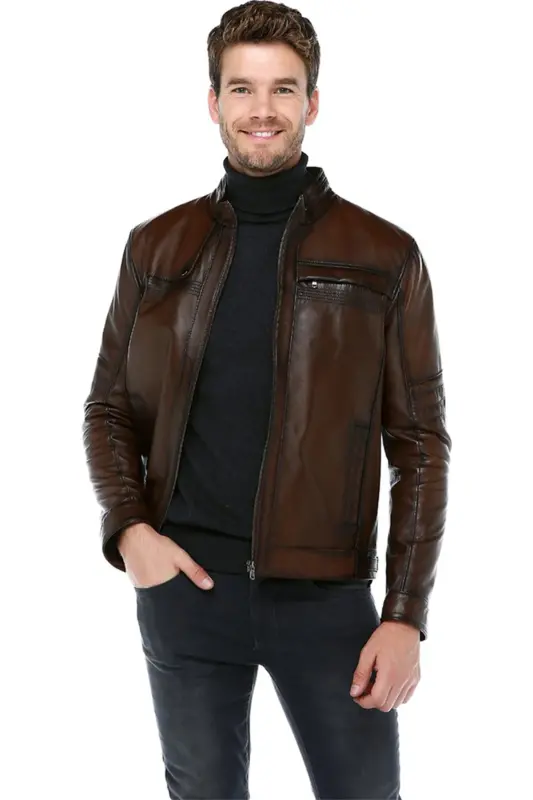 Arthur Erkek Dik Yaka Slim Fit Gerçek Deri Mont Camel Antik - CAMEL ANTİK - 1