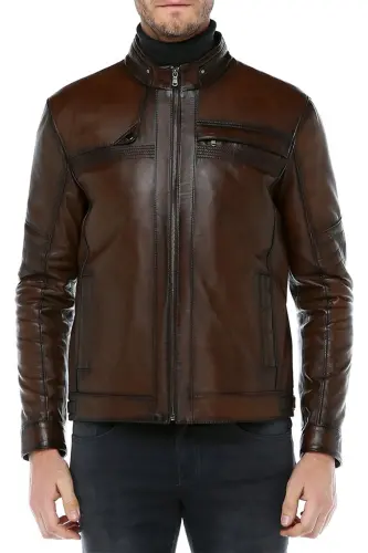 Arthur Erkek Dik Yaka Slim Fit Gerçek Deri Mont Camel Antik - CAMEL ANTİK - DERICLUB (1)