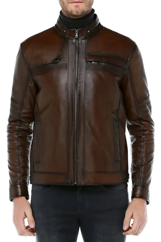 Arthur Erkek Dik Yaka Slim Fit Gerçek Deri Mont Camel Antik - CAMEL ANTİK - 2