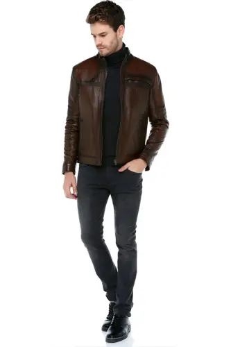 Arthur Erkek Dik Yaka Slim Fit Gerçek Deri Mont Camel Antik - CAMEL ANTİK - 3