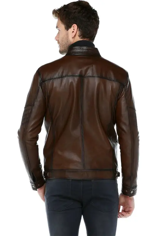 Arthur Erkek Dik Yaka Slim Fit Gerçek Deri Mont Camel Antik - CAMEL ANTİK - 4