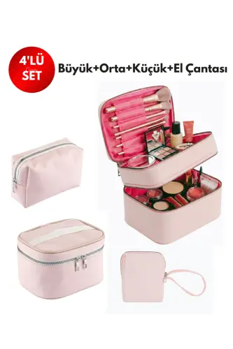 4’lü Set Makyaj ve Kozmetik Seyahat Çantası - Su Geçirmez Düzenleyici Valiz İçi Organizer - Pudra Pembe - 3