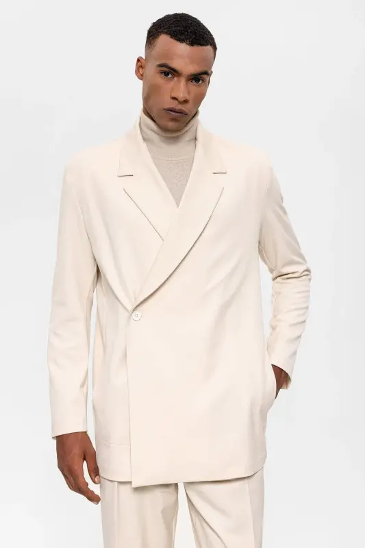Ekru Kruvaze Kapama Gizli Cep Erkek Blazer Ceket - Ekru - 3